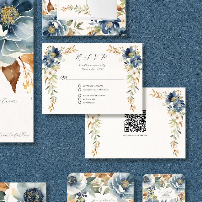 Cartão RSVP Marinho Floral  Azul Feriado Casamento de Ferrugem (Criador carregado)