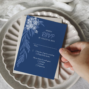 Cartão RSVP Marinho Floral Botânico Casamento Azul Dusty