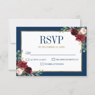 Cartão RSVP Marinho Floral Dourado Azul Casamento Russo