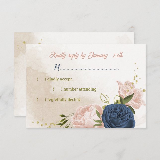 Cartão RSVP marinho flores verdes folhas (Frente/Verso)