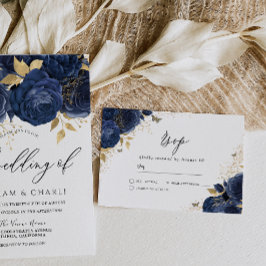 Cartão RSVP Marinho Indigo Blue & Dourado Casamento Floral