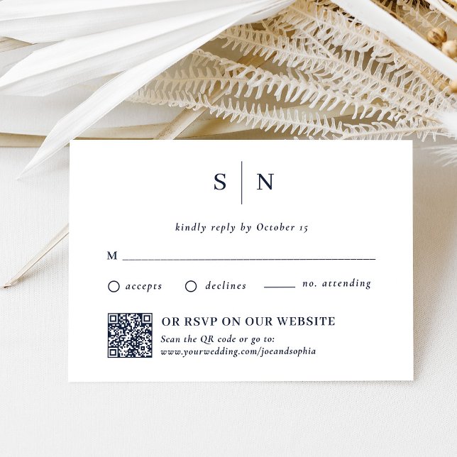 Cartão RSVP Marinho mínimo e chic | Código Tradicional e QR (Criador carregado)
