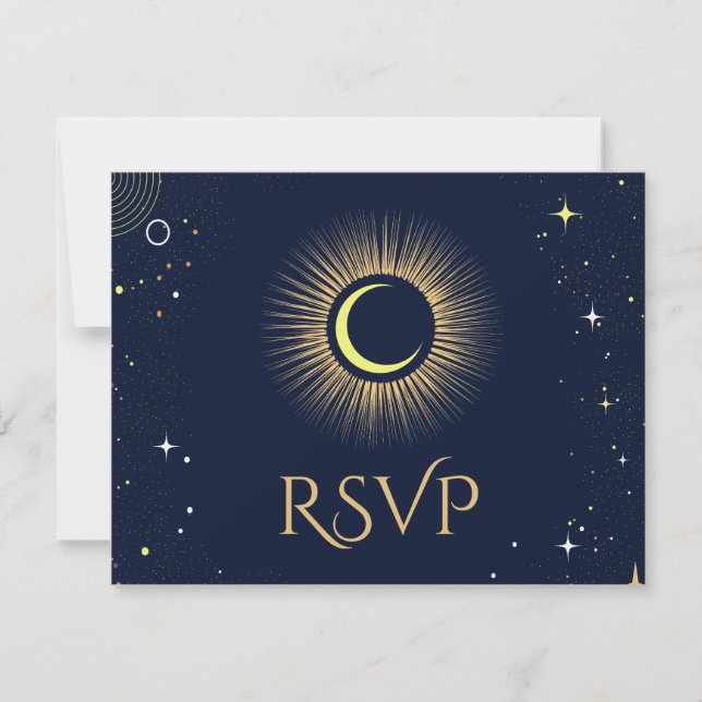 Cartão RSVP Marinho Místico Estrelas Celestiais Casamento da L (Frente)