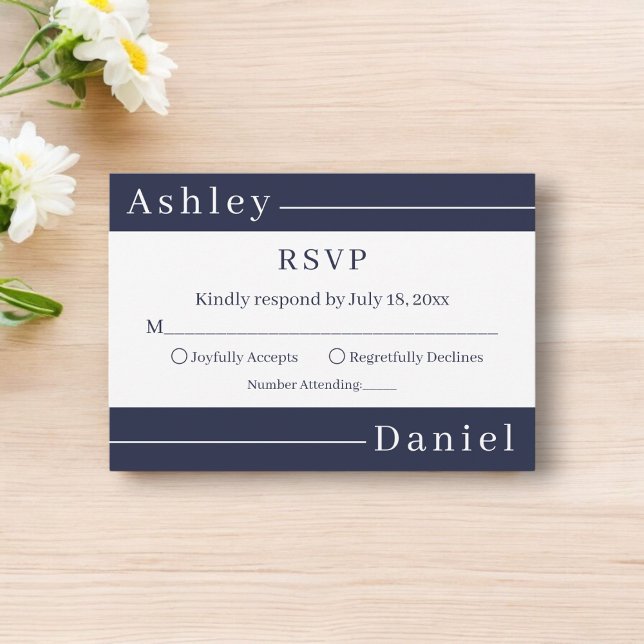 Cartão RSVP Marinho Moderno Blue Stripes Elegante Casamento (Criador carregado)