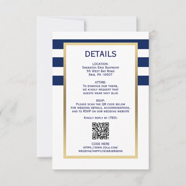 Cartão RSVP Marinho Náutico Blue Stripes CÓDIGO QR Casamento (Frente)