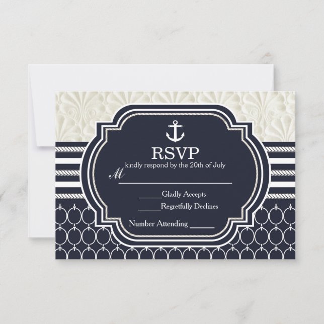 Cartão RSVP Marinho Náutico e Casamento Elegante de Praia Bran (Frente)