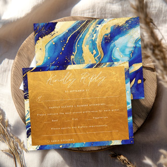 Cartão RSVP Marinho Real Azul Dourado Responder Casamento (Criador carregado)