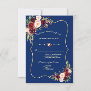 Cartão RSVP Marinho Real Blue Burgundy Casamento Dourado Flora