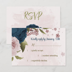 Cartão RSVP marinho rosa, flores azuis, casamento botânico