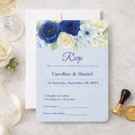 Cartão RSVP Marinho Royal Bue Casamento Watercolor Flores De M