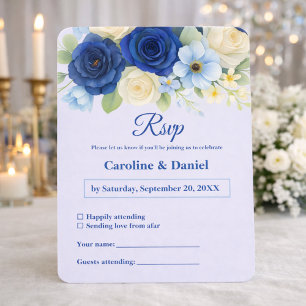 Cartão RSVP Marinho Royal Bue Casamento Watercolor Flores De M