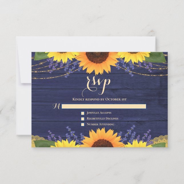 Cartão RSVP Marinho Rustic Blue Sunflower Lavanda Casamento RS (Frente)