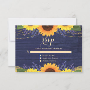 Cartão RSVP Marinho Rustic Blue Sunflower Lavanda Casamento RS