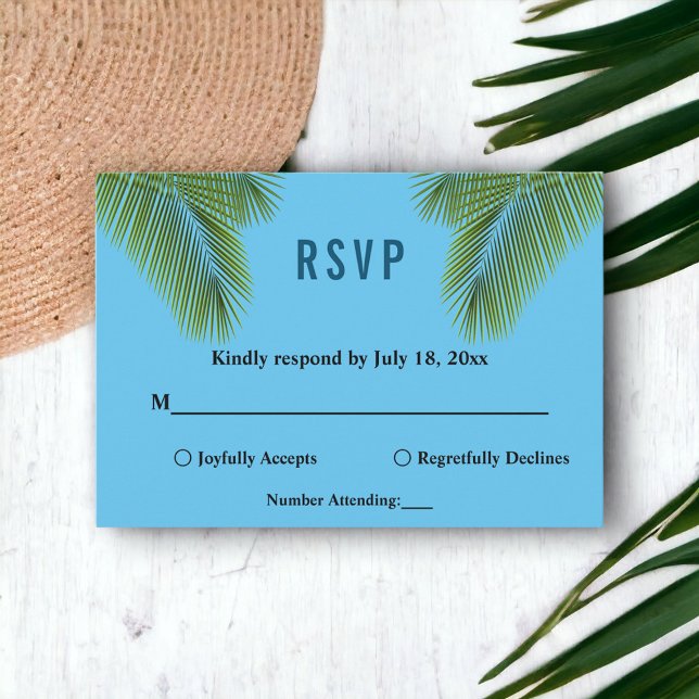 Cartão RSVP Marinho Tropical Palm Blue Beach Coastal Weding (Criador carregado)