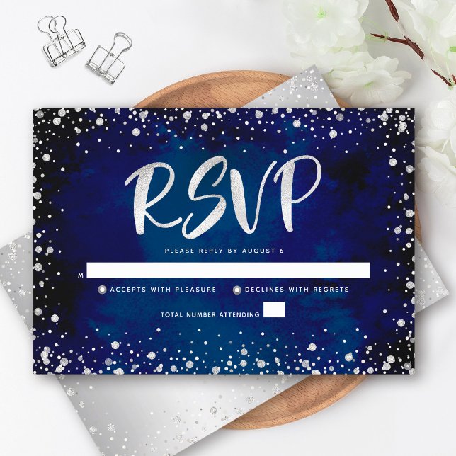 Cartão RSVP Marinho Watercolor Silver Glitter Script Quinceañe (Criador carregado)