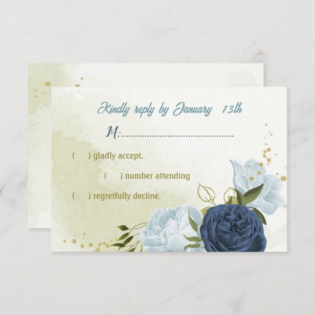 Cartão RSVP marinhos de flores azuis poeirentas folhas verdes (Frente/Verso)