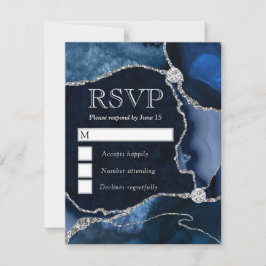 Cartão RSVP Mármore Ágata Brilho Azul e Prata Elegante
