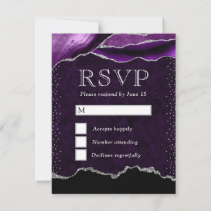 Cartão RSVP Mármore Ágata Brilho Roxo e Prata Elegante