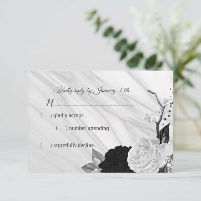 Cartão RSVP mármore de flores brancas e traseiras (Em pé/Frente)