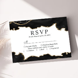 Cartão RSVP Mármore Preto e Dourado Ágata Moderno Casamento El