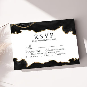 Cartão RSVP Mármore Preto e Dourado Ágata Moderno Casamento El