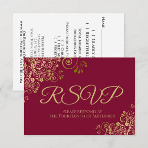 Cartão RSVP Maroon Burgundy com Casamento Dourado Elegante