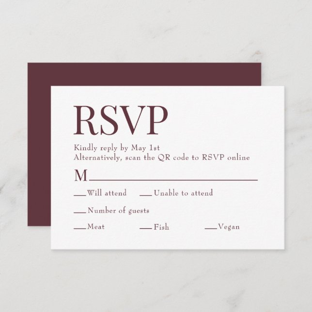 Cartão RSVP Maroon Red Scan Qr Code Meal Choice Casamento (Frente/Verso)