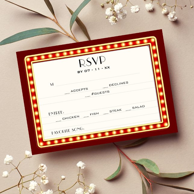 Cartão RSVP Marquee de Máscara do Cinema Retro (Retro Cinema Movie Theater Marquee Sign Wedding RSVP Card)