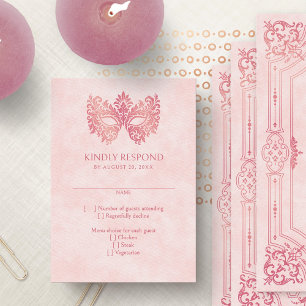 Cartão RSVP Máscara de Mascarada Rosa Elegante Quinceanera