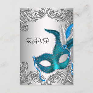 Cartão RSVP Máscara Prateada Azul Verde Festa de Mascarada RSV