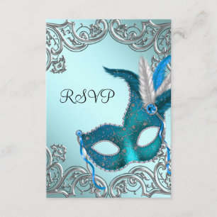 Cartão RSVP Máscara Prateada Azul Verde Festa de Mascarada RSV