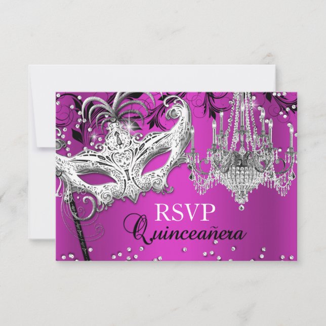 Cartão RSVP Mascarada Quinceanera, Chandelier Rosa Quente, RSV (Frente)