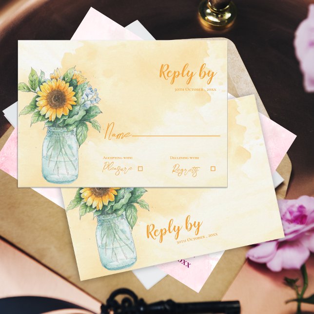 Cartão RSVP Mason Jar Rustic Sunflower Country Wedply (Mason Jar Rustic Sunflower Country Wedding Reply RSVP Card)