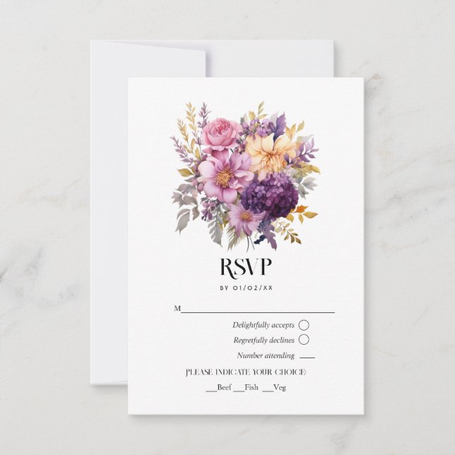 Cartão RSVP Mauve e Dourado Casamento Floral (Frente)