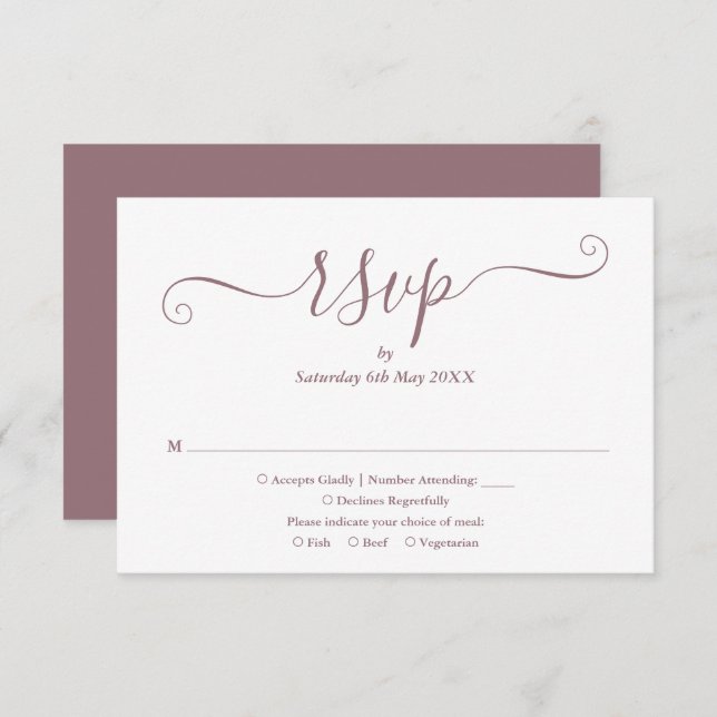 Cartão RSVP Mauve Elegant Script Wedding (Frente/Verso)