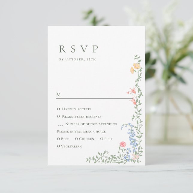 Cartão RSVP Meadow Pastel Rosas Franceses Casamento Floral (Em pé/Frente)