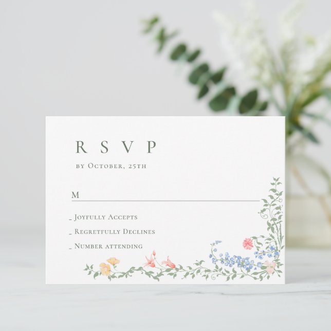 Cartão RSVP Meadow Pastel Rosas Franceses Casamento Floral (Em pé/Frente)