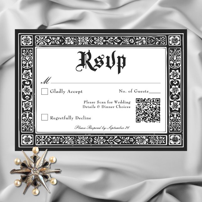 Cartão RSVP Medieval Branca Negra Gótica Até Casamento da Mort (Gothic Black White Medieval Until Death Wedding RSVP Card with QR Code)
