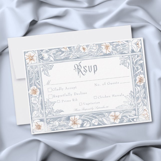 Cartão RSVP Medieval Fantasy Frame Blue Gold Etching Wedding (Medieval Fantasy Frame Blue Gold Etching Wedding RSVP Card)
