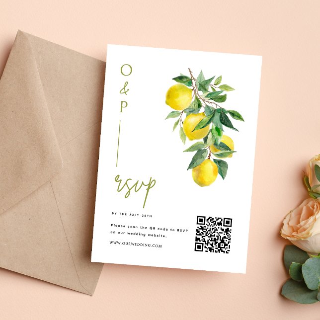 Cartão RSVP Mediterranean Italy Lemon Vibrant Wedding QR Code (Criador carregado)