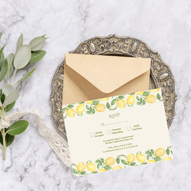 Cartão RSVP Mediterranean Olive Lemon Modern Wedding (Criador carregado)