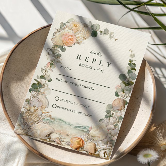 Cartão RSVP Mediterranean Seashell Botanical Wedding (Criador carregado)