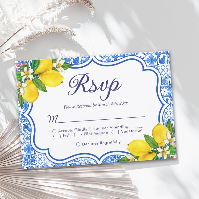 Cartão RSVP Mediterranean Wedding Style with Italian Tiles (Criador carregado)