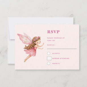 Cartão RSVP Menina Fada Fofo de Vestido Rosa Caprichosa