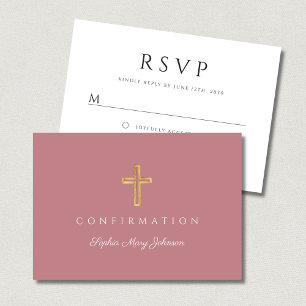 Cartão RSVP Menina Rosa Po dustyria Cruz Religiosa Confirmação