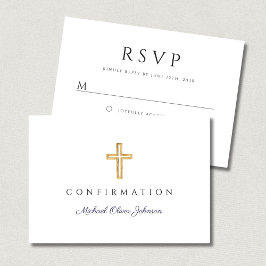 Cartão RSVP Menino Azul Marinho Cruz Religiosa Confirmação