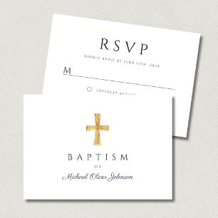 Cartão RSVP Menino Religioso Azul Moderno Batismo Script