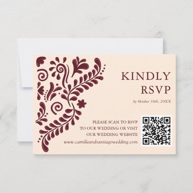 Cartão RSVP Mexican Burgundy Wedding QR Code (Frente)