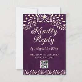 Cartão RSVP Mexican Purple Talavera Wedding QR code