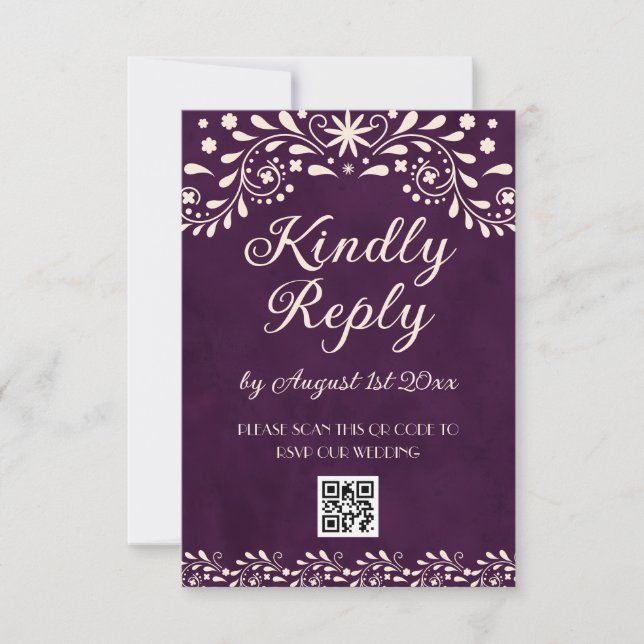 Cartão RSVP Mexican Purple Talavera Wedding QR code (Frente)